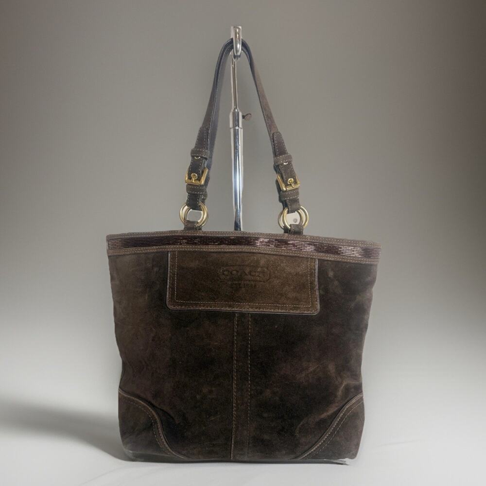 Vintage Retired Suede Coach 10442 Brown Beaded Tote Shoulder Bag